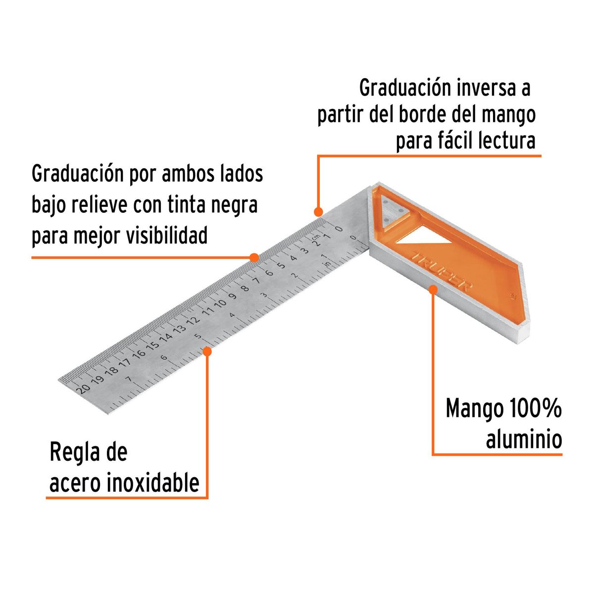 TRUPER - Escuadra 8 para carpintero con mango 100% de aluminio Truper