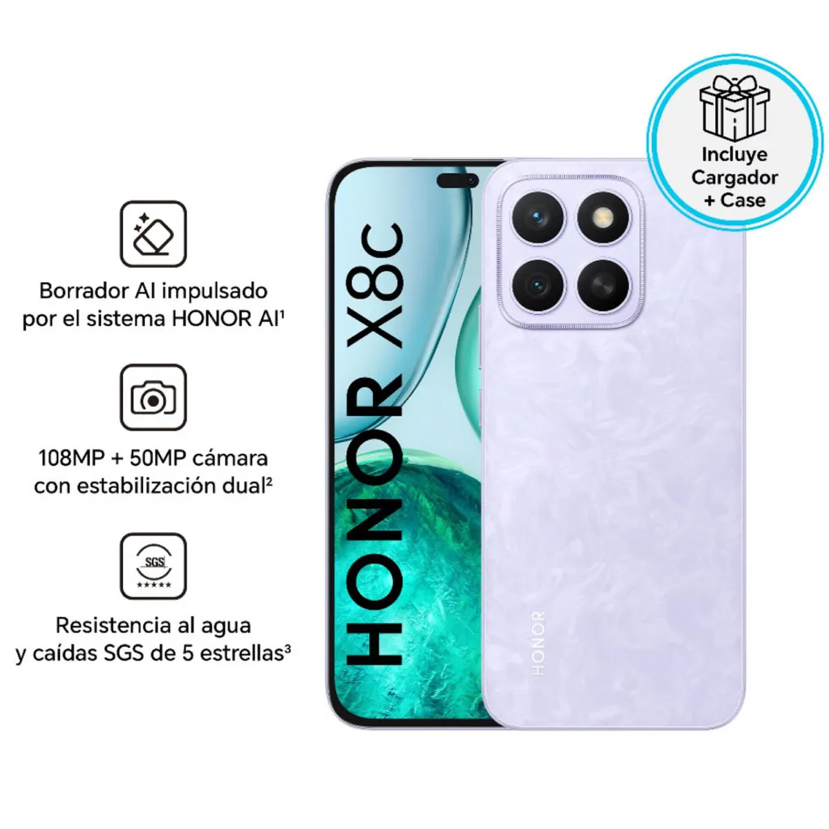 HONOR - Celular Honor X8C 256GB 8GB RAM cámara principal 108MP + 5MP frontal 50MP 65 Pulg LILA