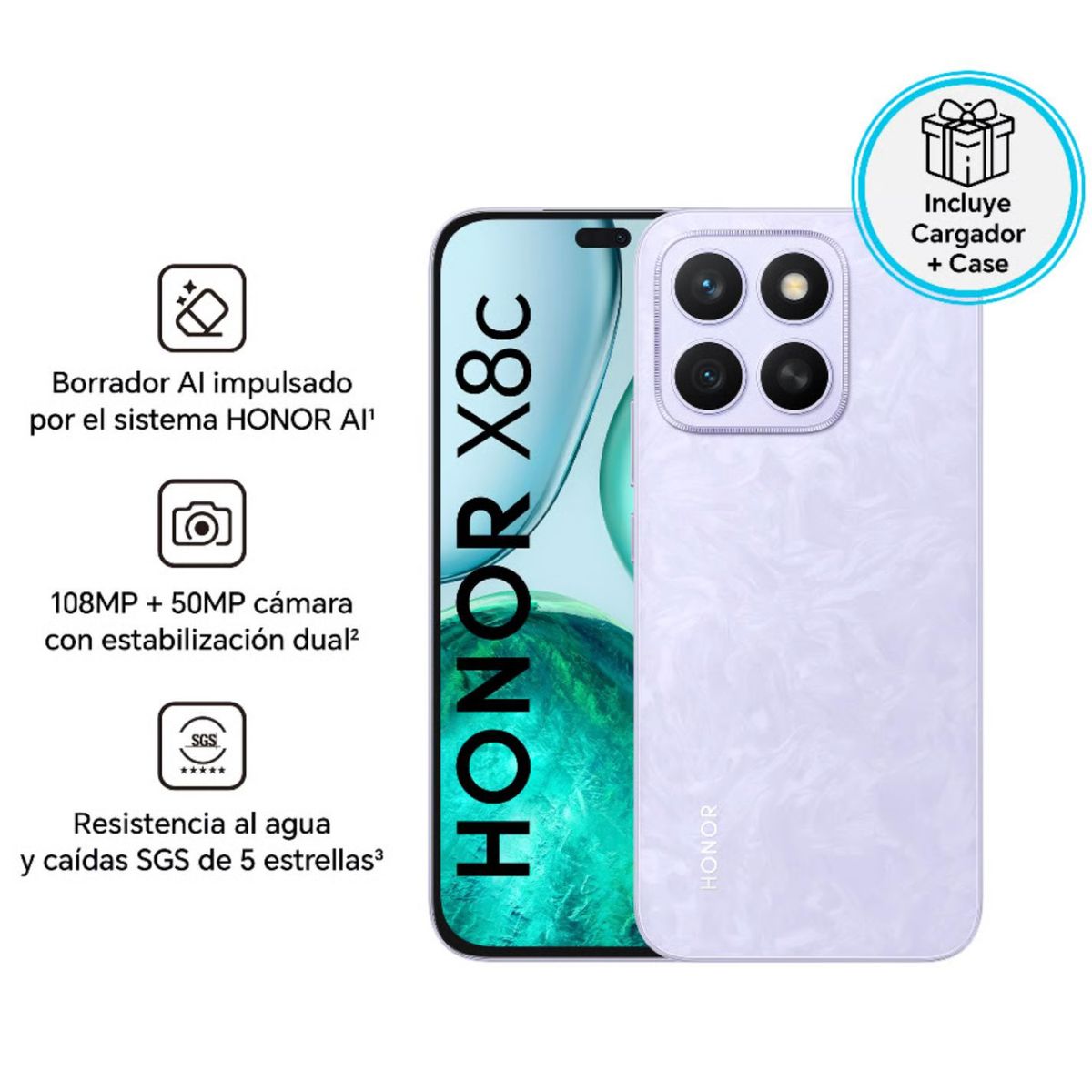 HONOR - Celular Honor X8C 256GB 8GB RAM cámara principal 108MP + 5MP frontal 50MP 65 Pulg LILA