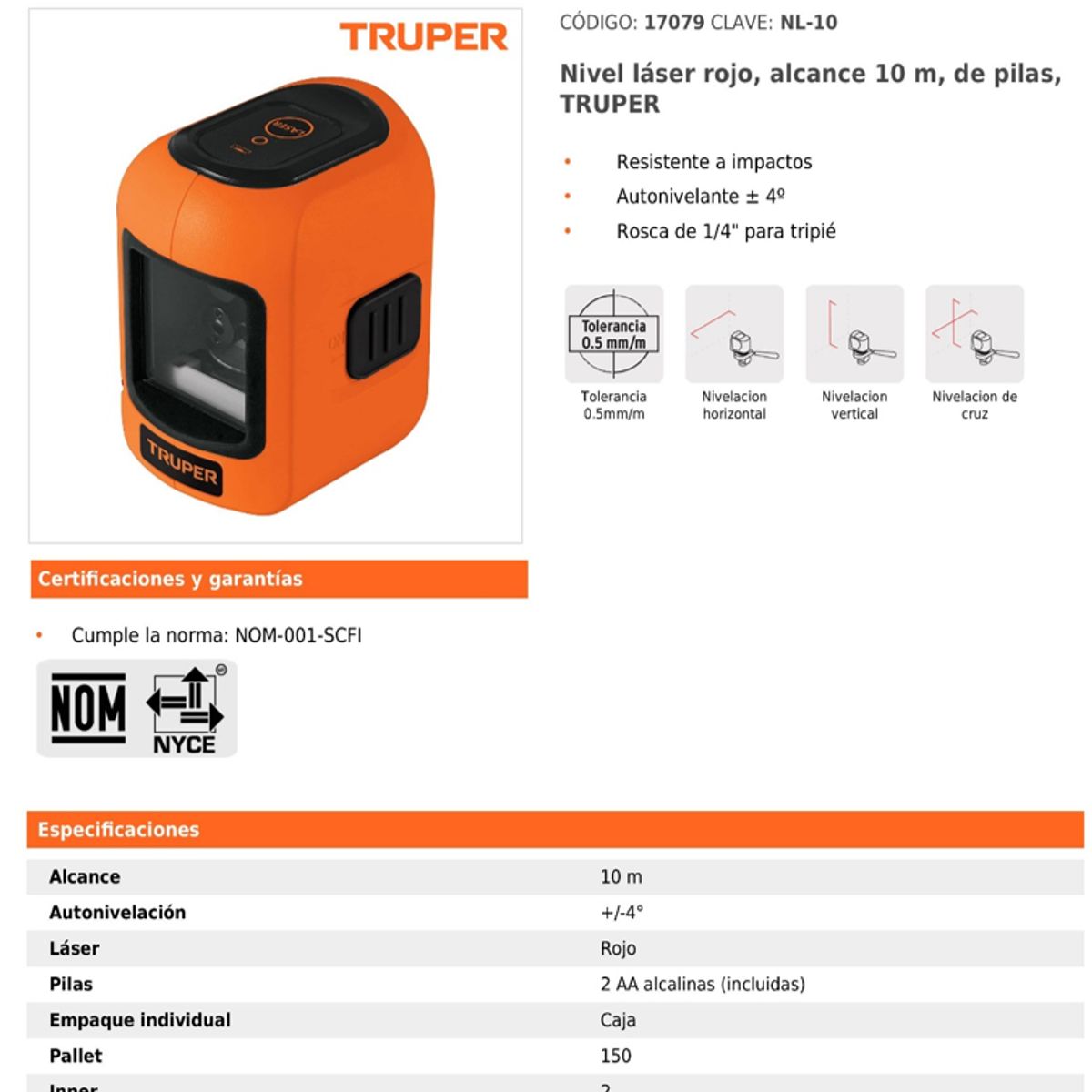 TRUPER - NIVEL LÁSER CON TRÍPODE TELESCÓPICO Y LENTES PARA LASER ROJO