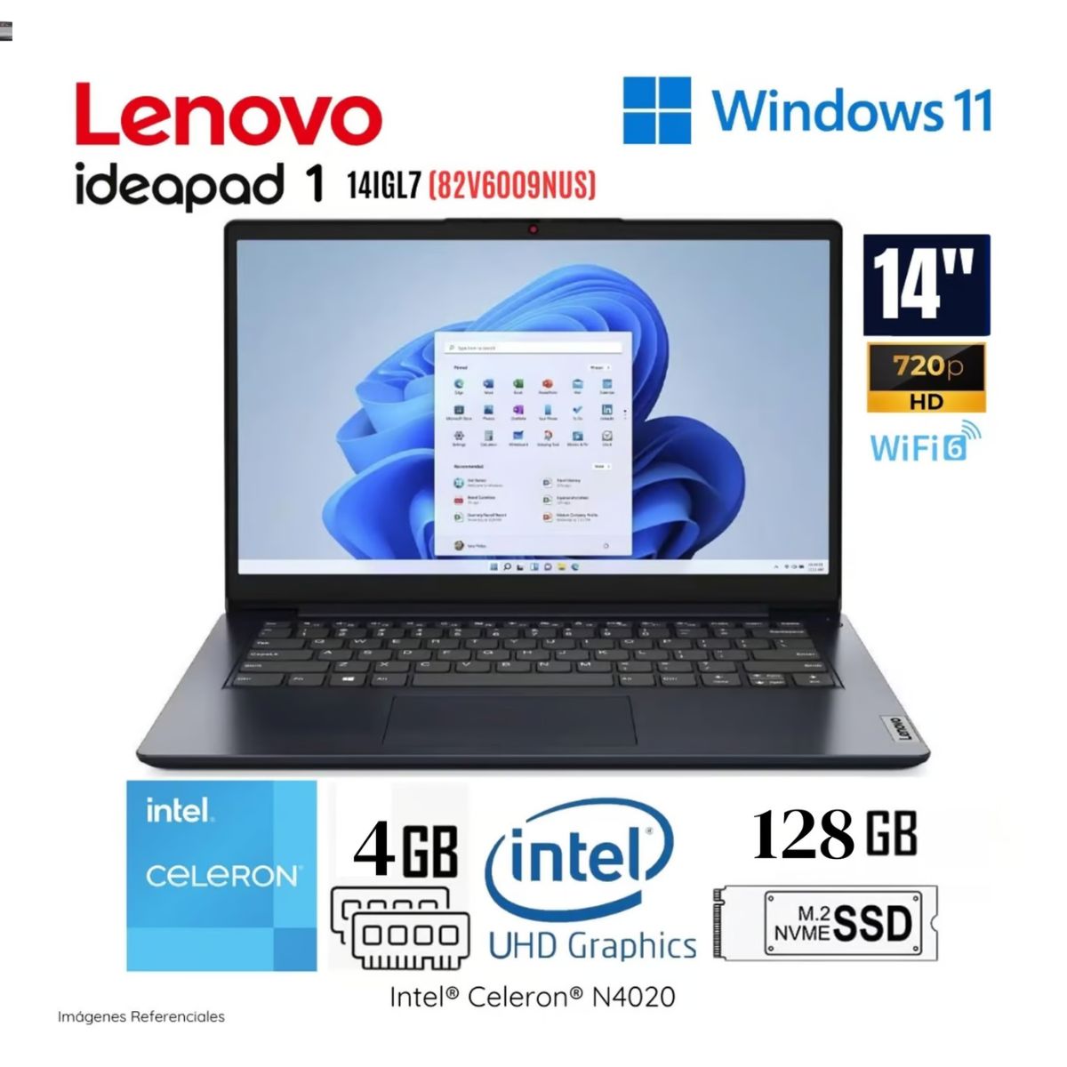 LENOVO - LAPTOP LENOVO IDEAPAD 1 INTEL CELERON N4020 4GB RAM 128GB eMMC 14" HD WINDOWS 11 14IGL7(82V6009NUS)