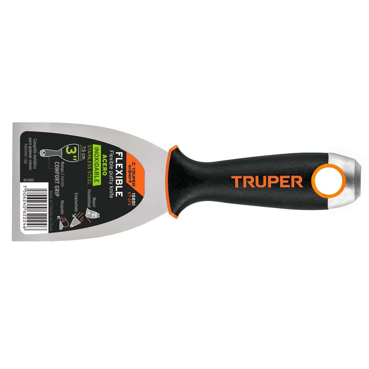 TRUPER - Espátula flexible 3 acero inox mango Comfort Grip Truper