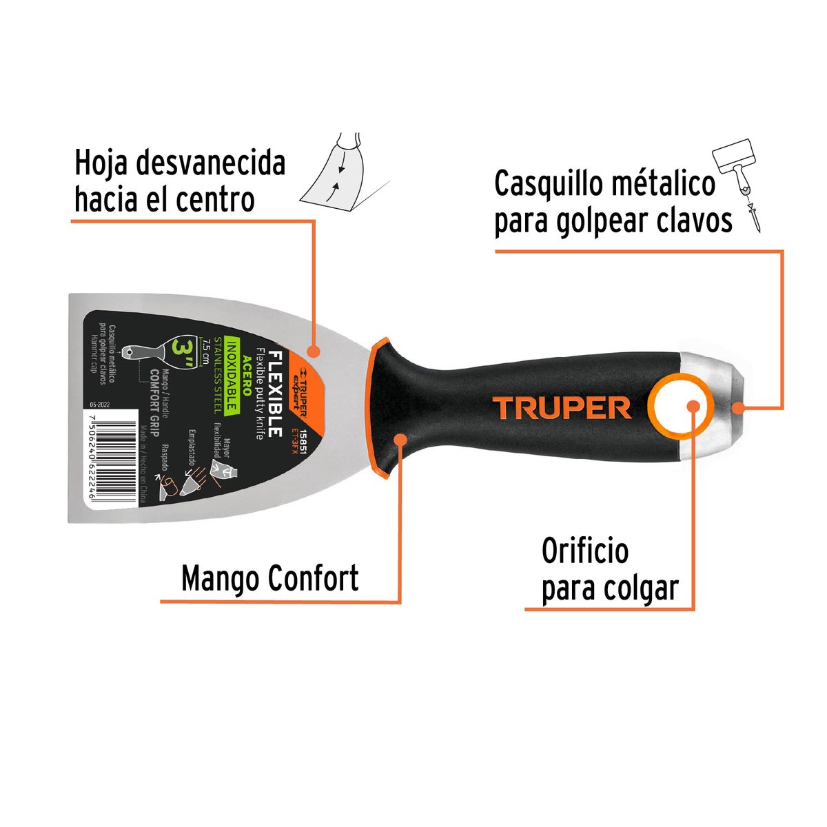 TRUPER - Espátula flexible 3 acero inox mango Comfort Grip Truper