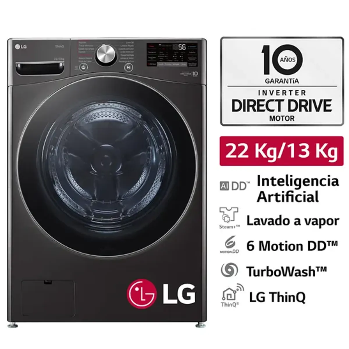 LG - Lavaseca de 22Kg de Lavado y 13Kg de Secado AI DD™ y ThinQ