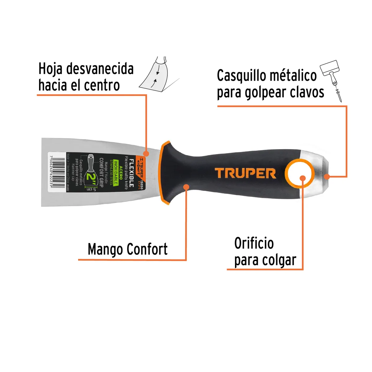 TRUPER - Espátula flexible 2 acero inox mango Comfort Grip Truper