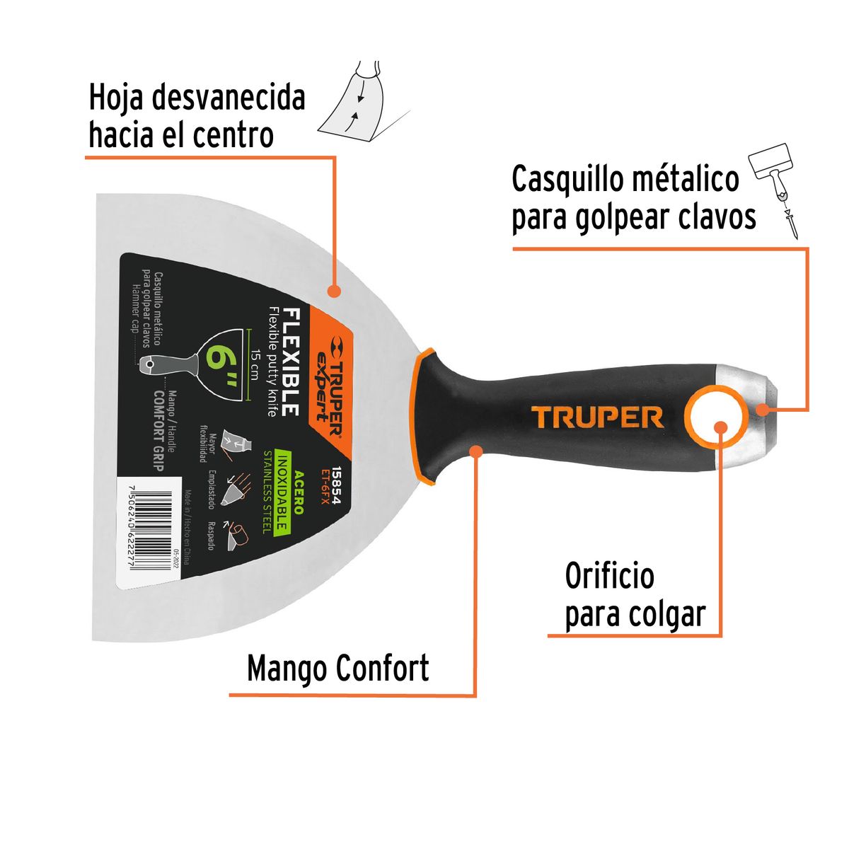 TRUPER - Espátula flexible 6 acero inox mango Comfort Grip Truper