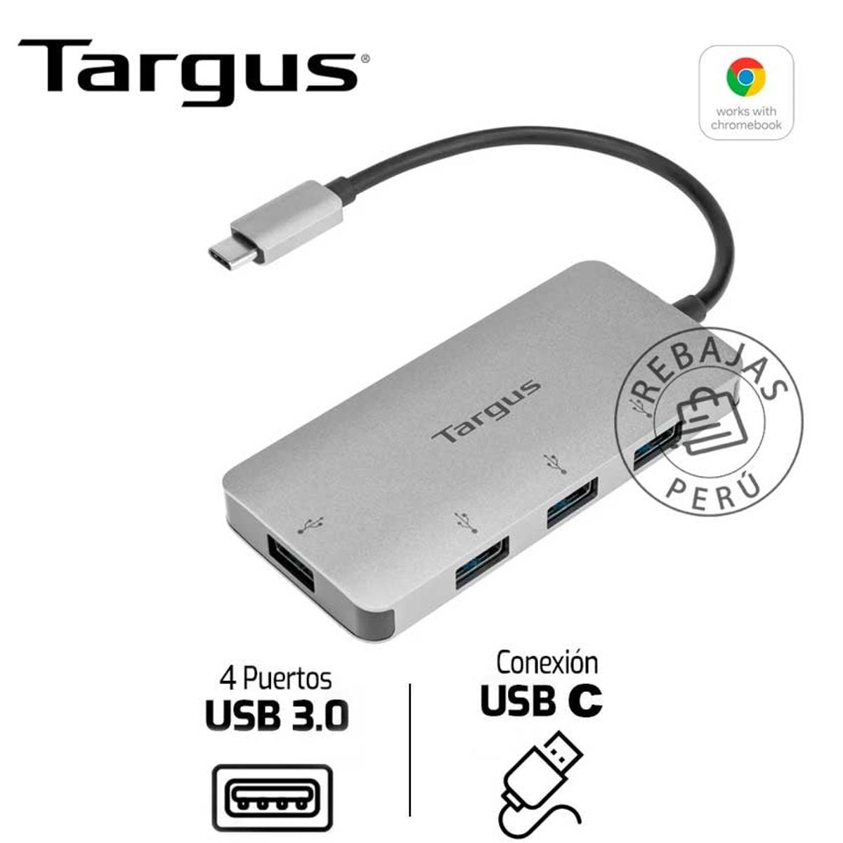 TARGUS - Targus Hub USB-C 4 Puertos USB-A 3.0 Gris para Transferencias Rápidas