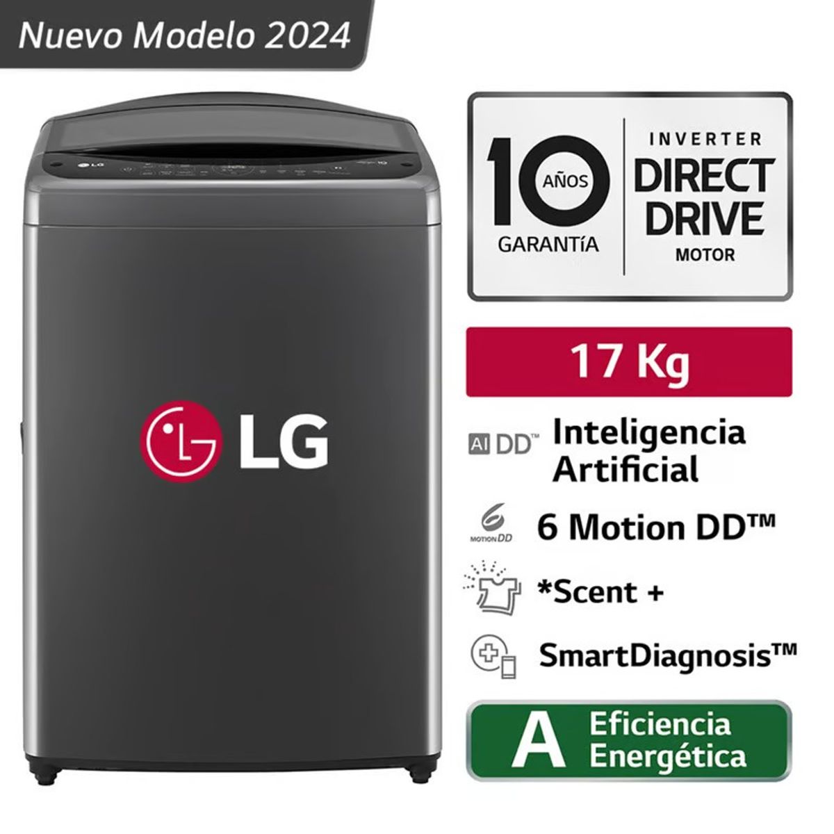 LG - Lavadora 17KG Inteligencia Artificial Carga Superior Negro Claro WT17BV6T