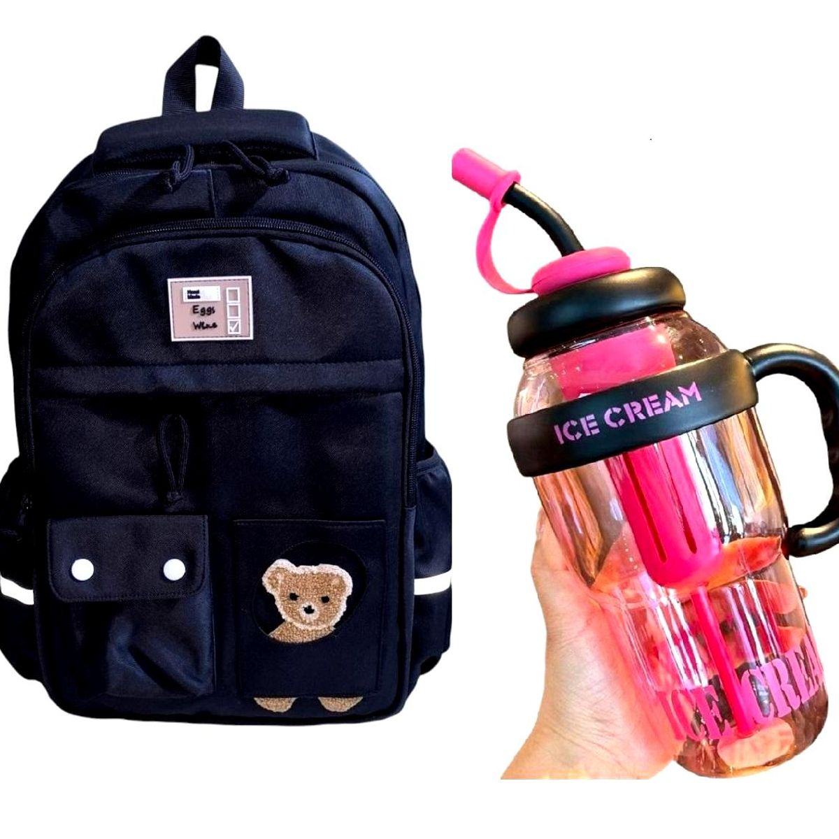 GENERICO - Mochila Kawaii porta laptop diseño Osito más botella tomatodo