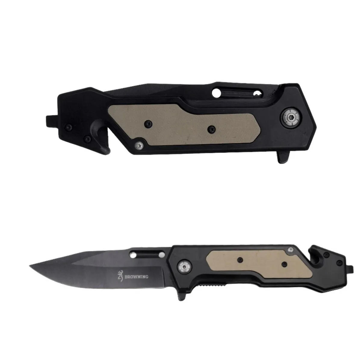 BROWNING - Navaja Acero Táctico de Bolsillo Plegable con Cortador y Rompevidrios