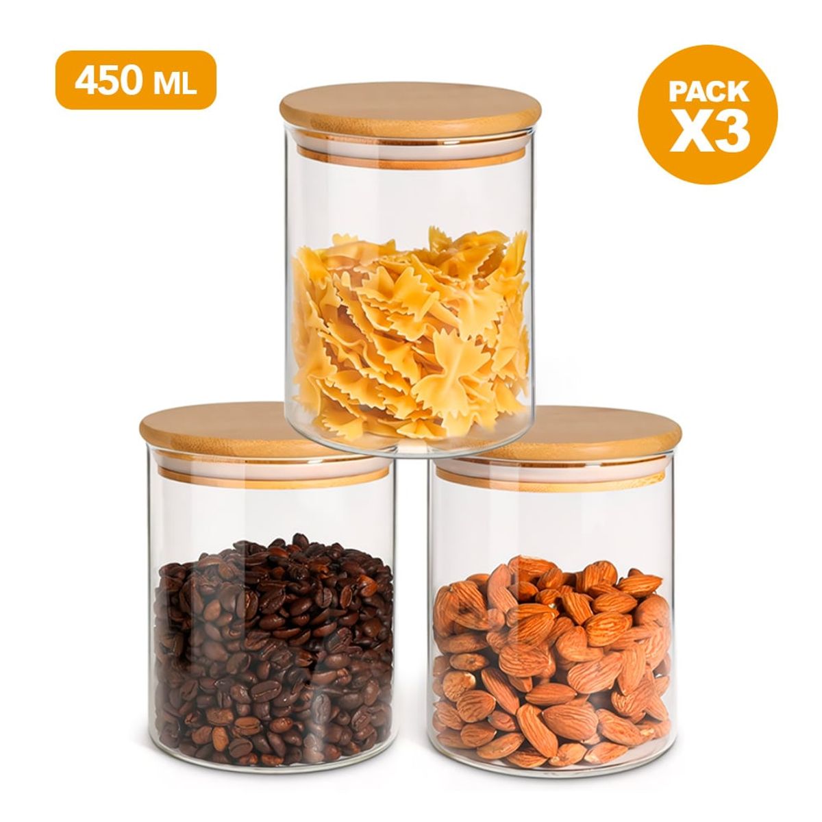 KELLER - Pack x3 Frascos de Vidrio Hermético con Tapa de Bambú 450 ML F85