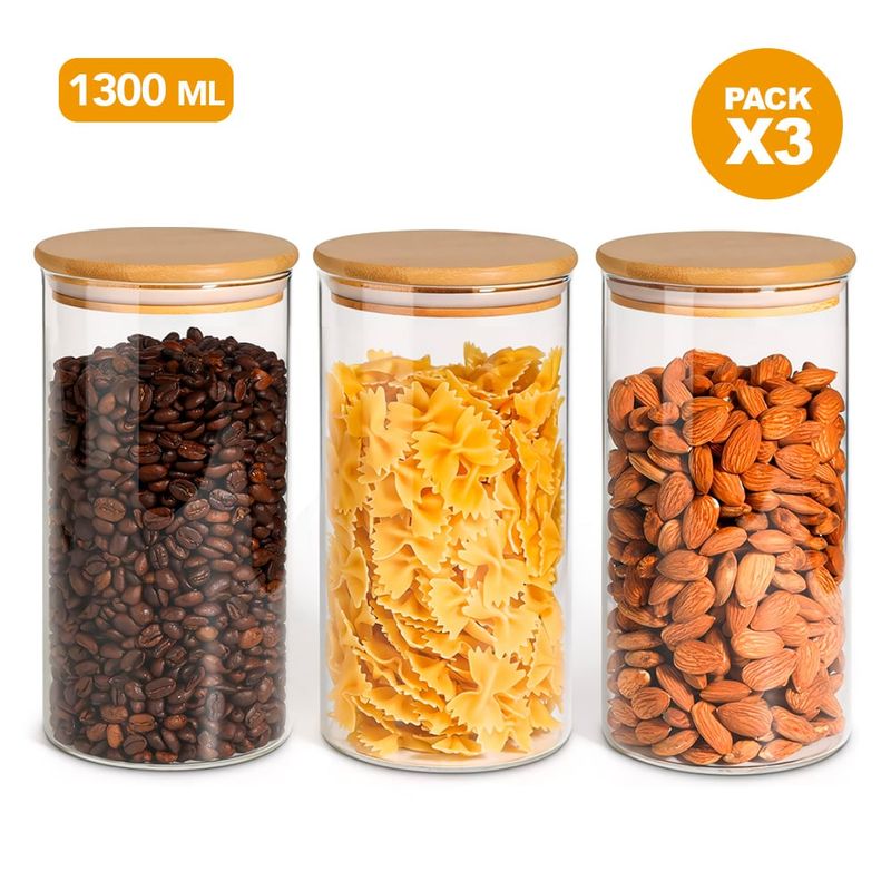 KELLER - Pack x3 Frascos de Vidrio Hermético con Tapa de Bambú 1300 ML V20