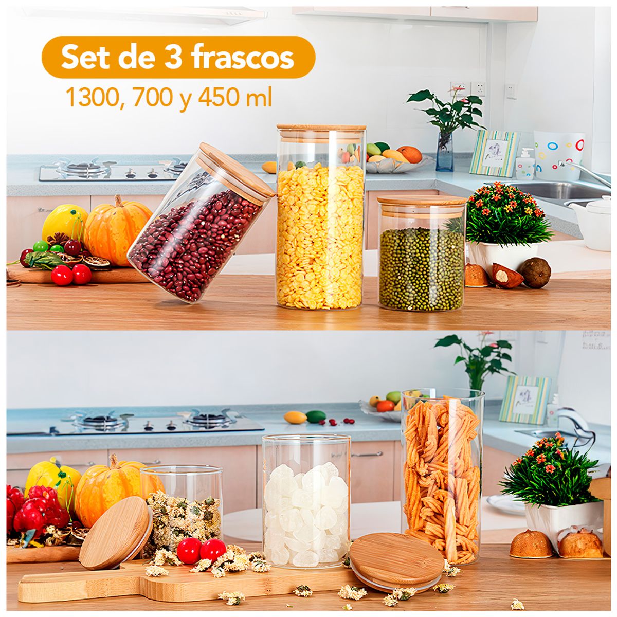 KELLER - Set de 3 Frascos de Vidrio con Tapa de Bambú