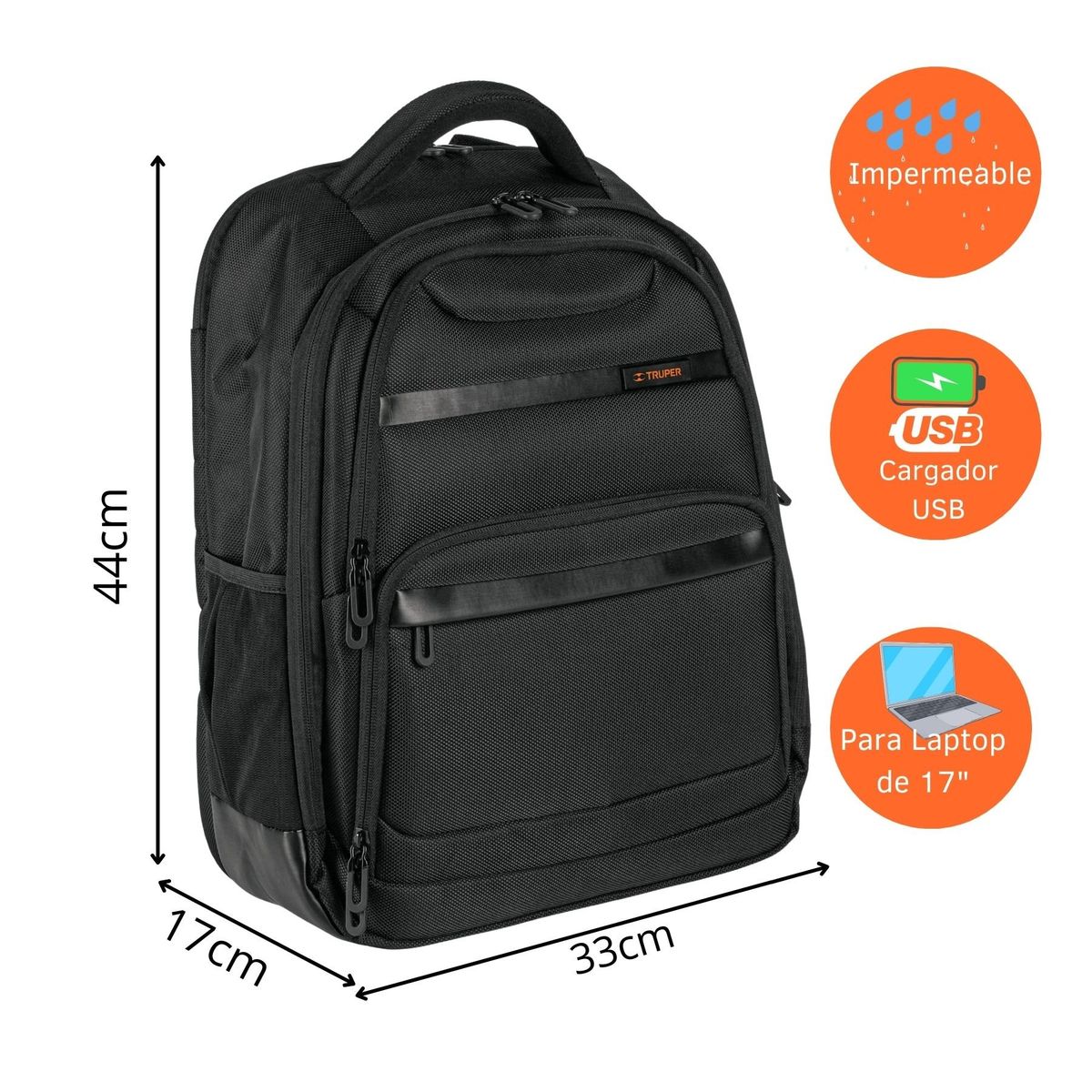 TRUPER - Mochila de viaje con porta laptop y puerto USB Truper