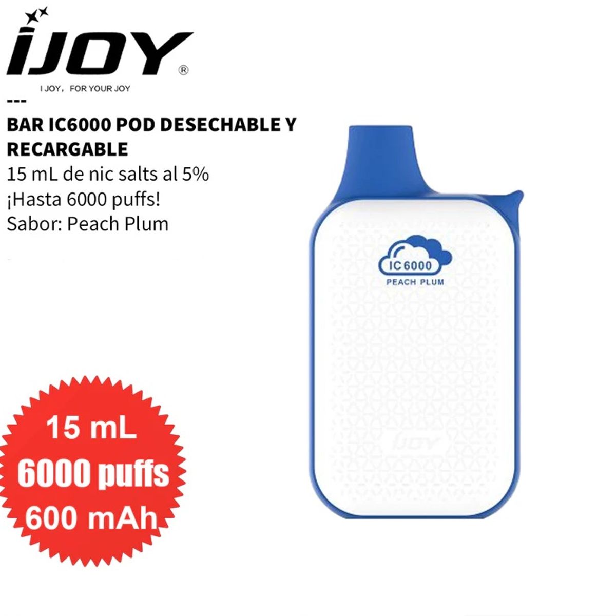 GENERICO - iJoy BAR IC6000, 6000 puffs Desechable 5% - PEACH PLUM