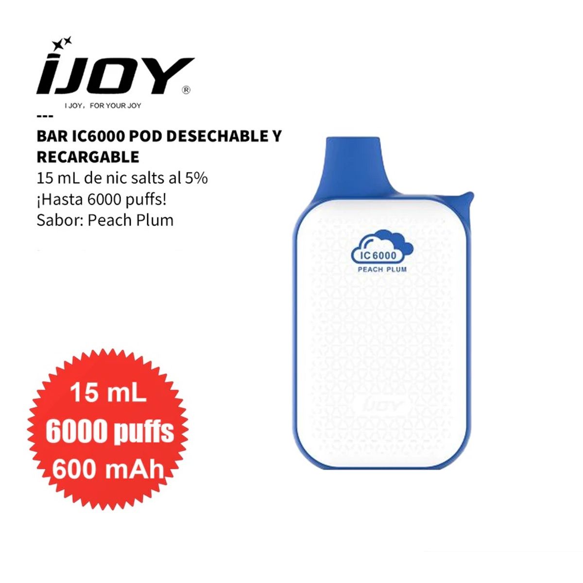 GENERICO - iJoy BAR IC6000, 6000 puffs Desechable 5% - PEACH PLUM