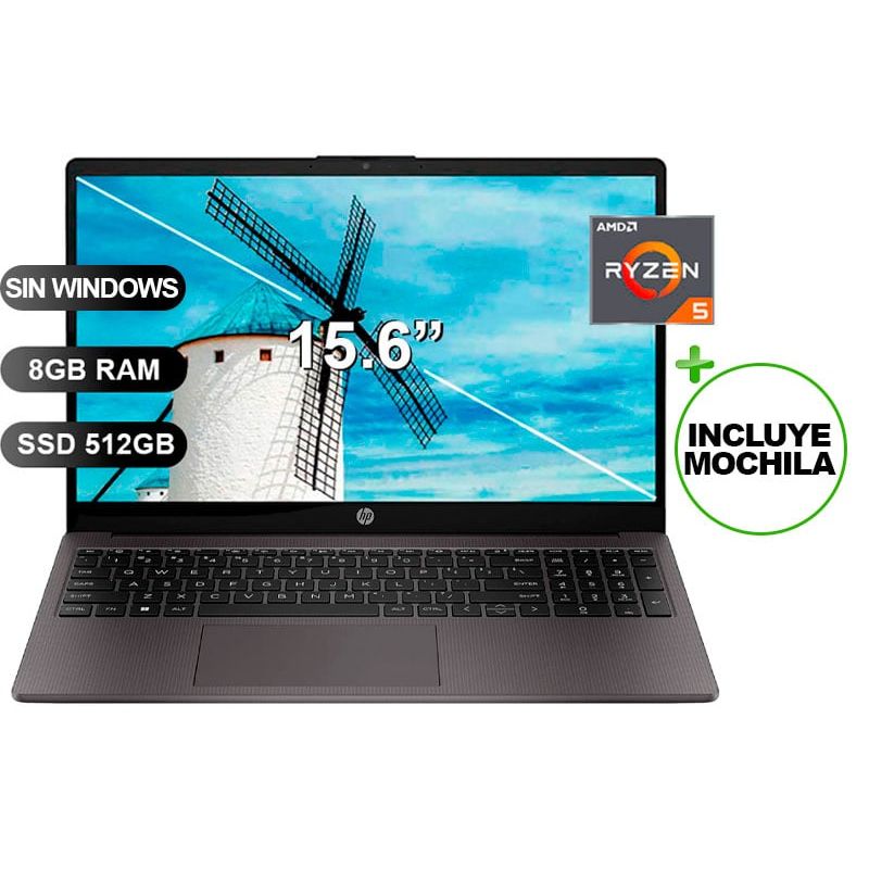 HP - Laptop HP 255 G10 RYZEN 5 7520U, 8GB RAM, 512GB SSD, 15.6", SIN WINDOWS (A12HBLT)