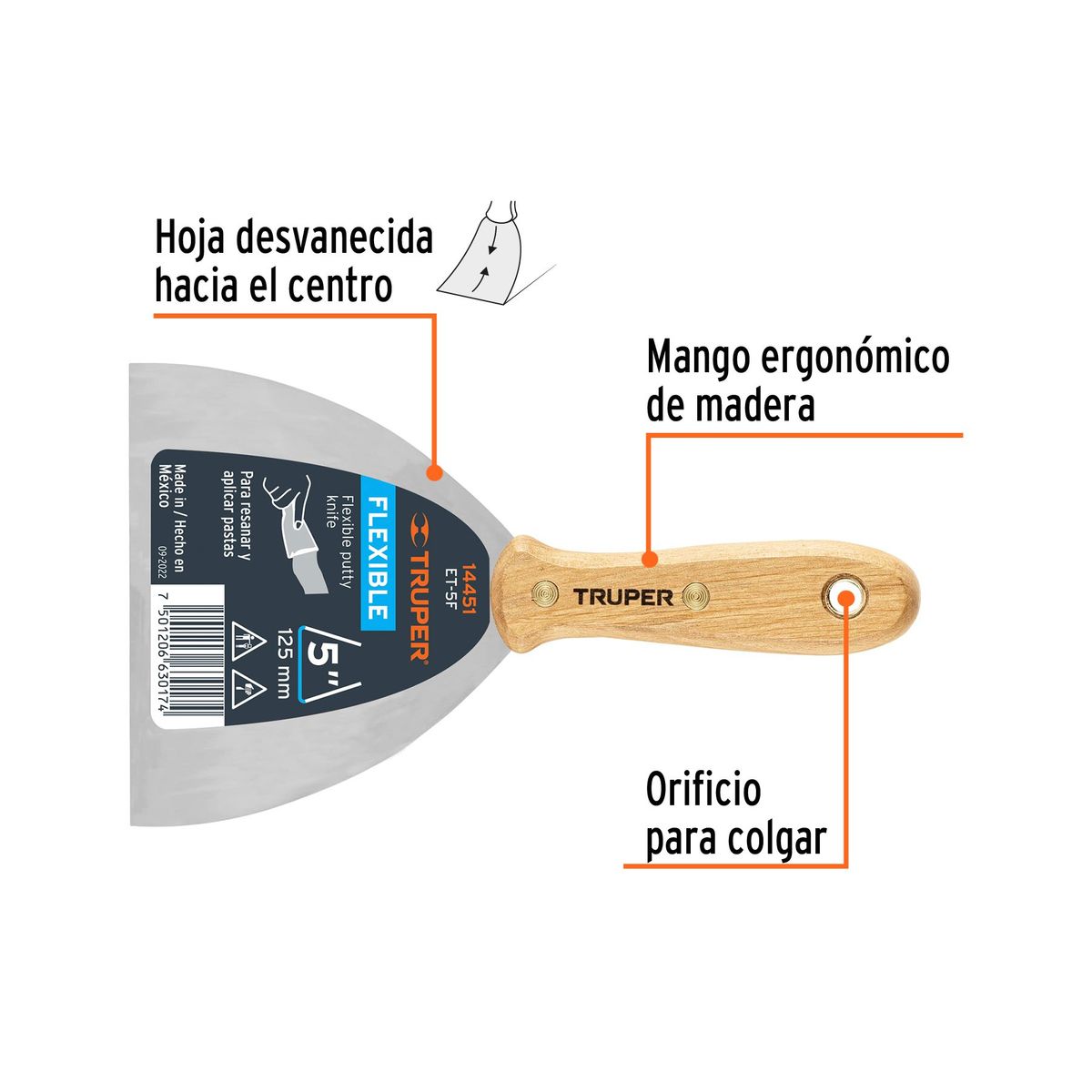 TRUPER - Espátula flexible 5 con mango de madera 14451 Truper