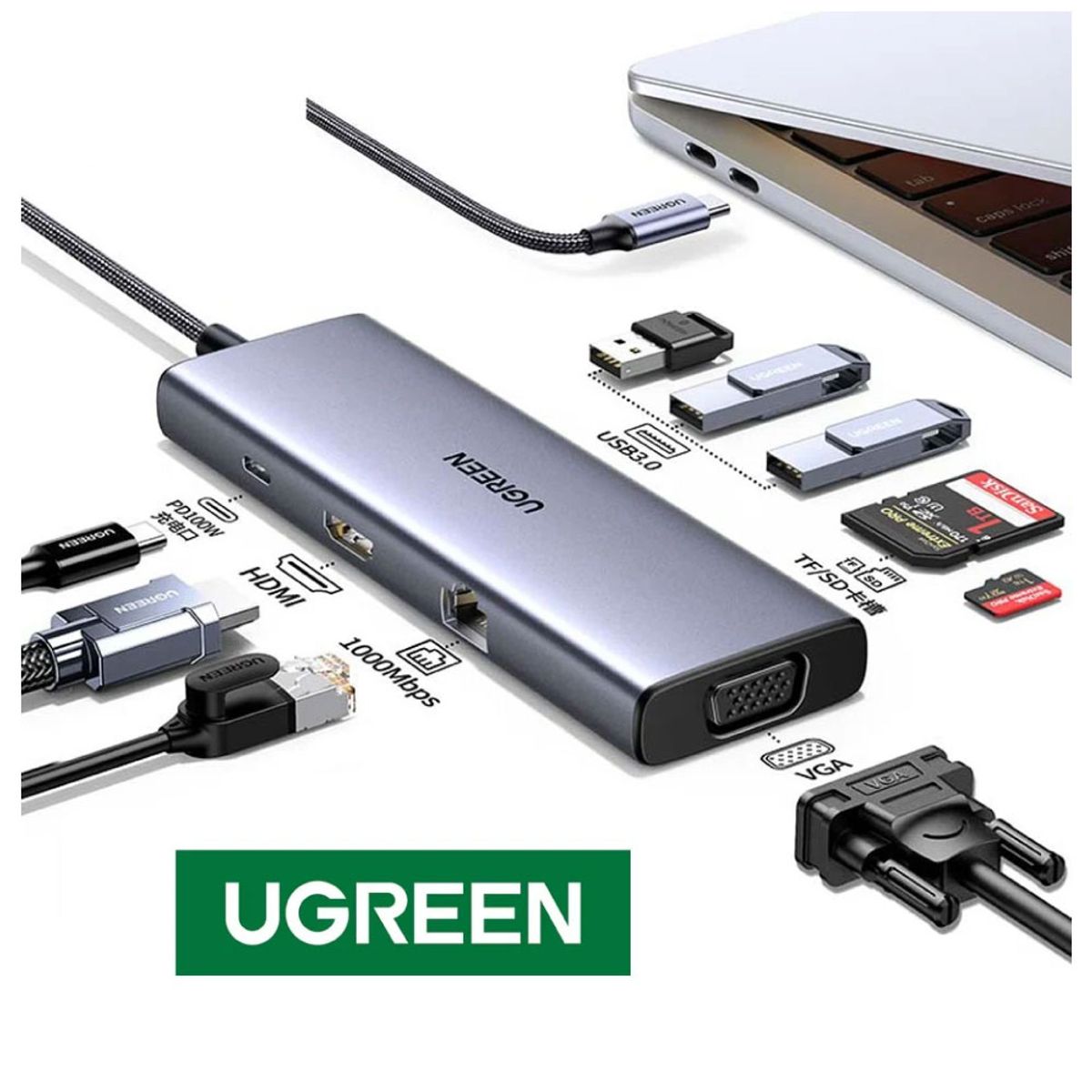 UGREEN - ADAPTADOR UGREEN 9 EN 1 TIPO C ALUMINIO  COD. 15600