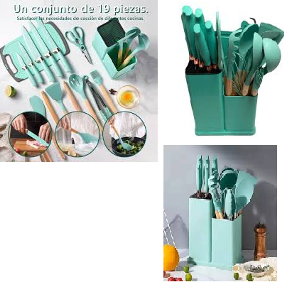 GENERICO - Set De 19 Utensilios De Silicona Para Cocina Verde Jade
