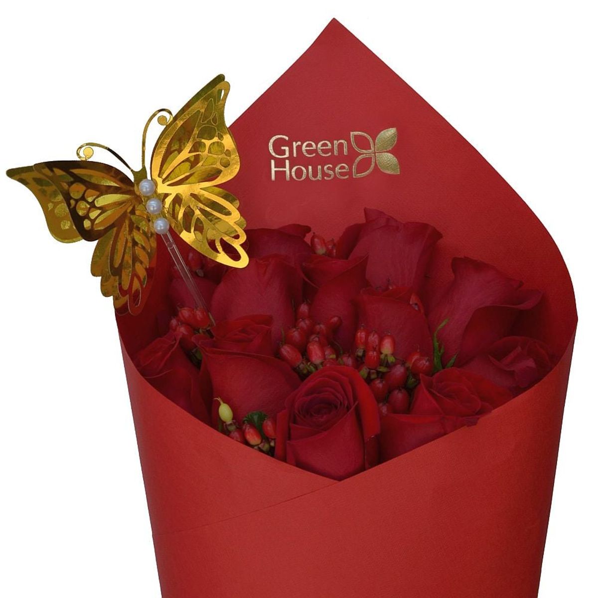 GREEN HOUSE FLORERIA - Ramo de 12 Rosas Naturales Rubi Mariposa