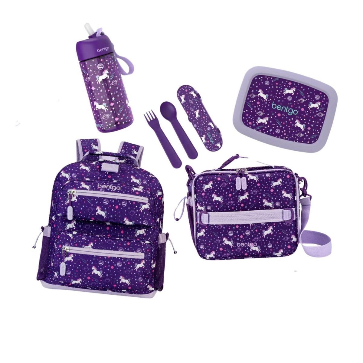 BENTGO - Set Bentgo Mochila Escolar, Lonchera, Porta Lonchera, Cubiertos y Tomatodo - Unicornio
