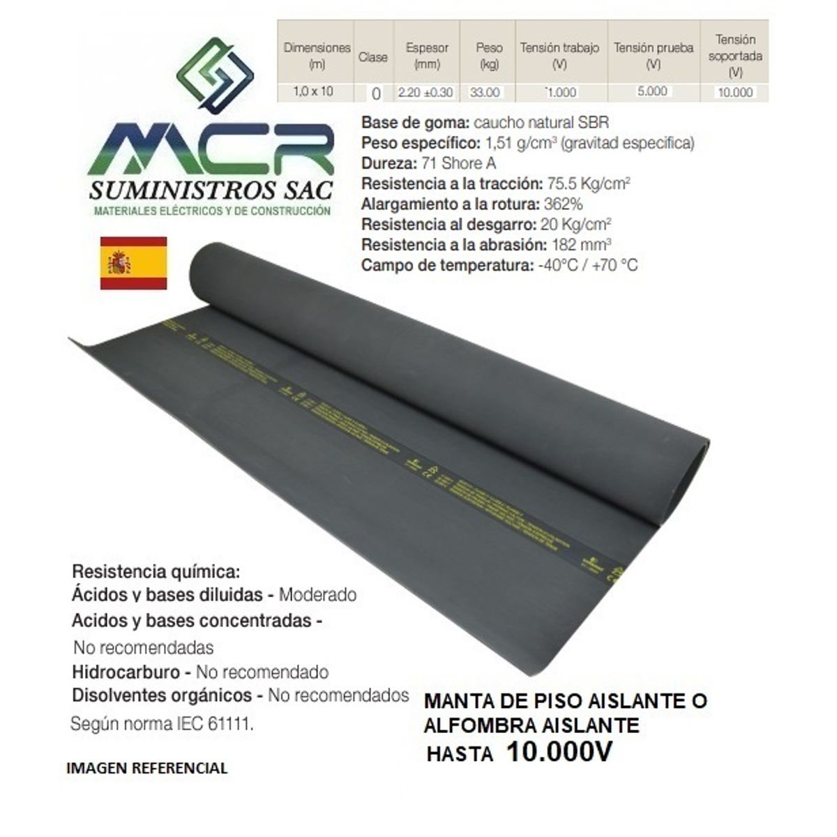 GENERICO - alfombra dieléctrica de piso de 1x10mts hasta 1000V CLASE 0 EUROPEO