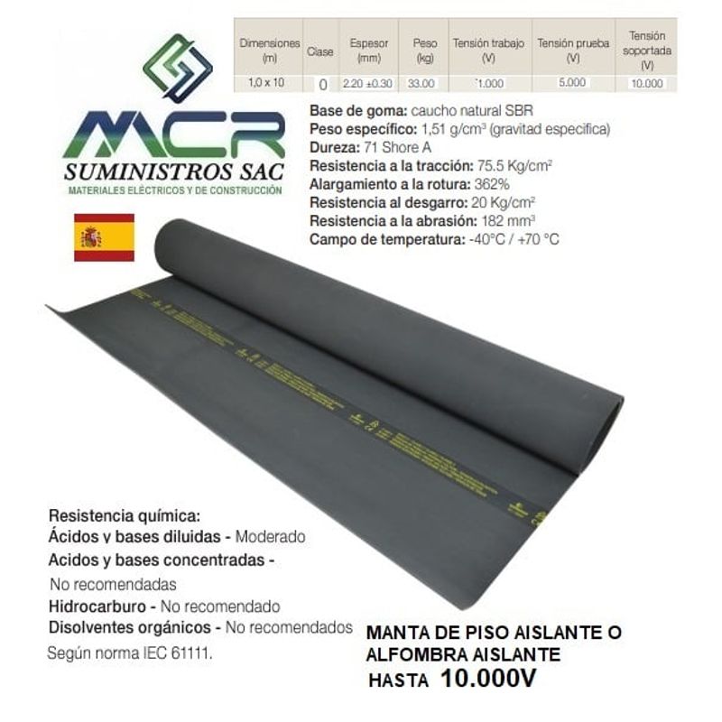 GENERICO - alfombra dieléctrica de piso de 10mts hasta 1000V CLASE 0 EUROPEO