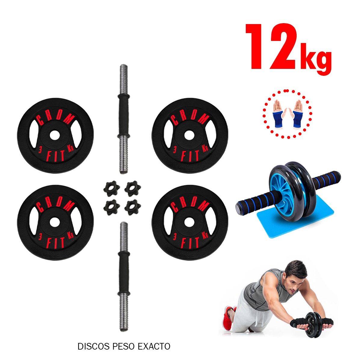 HOLGU - Set Pesas de 12kg + Manubrios + Rueda Abdominal + Guantes