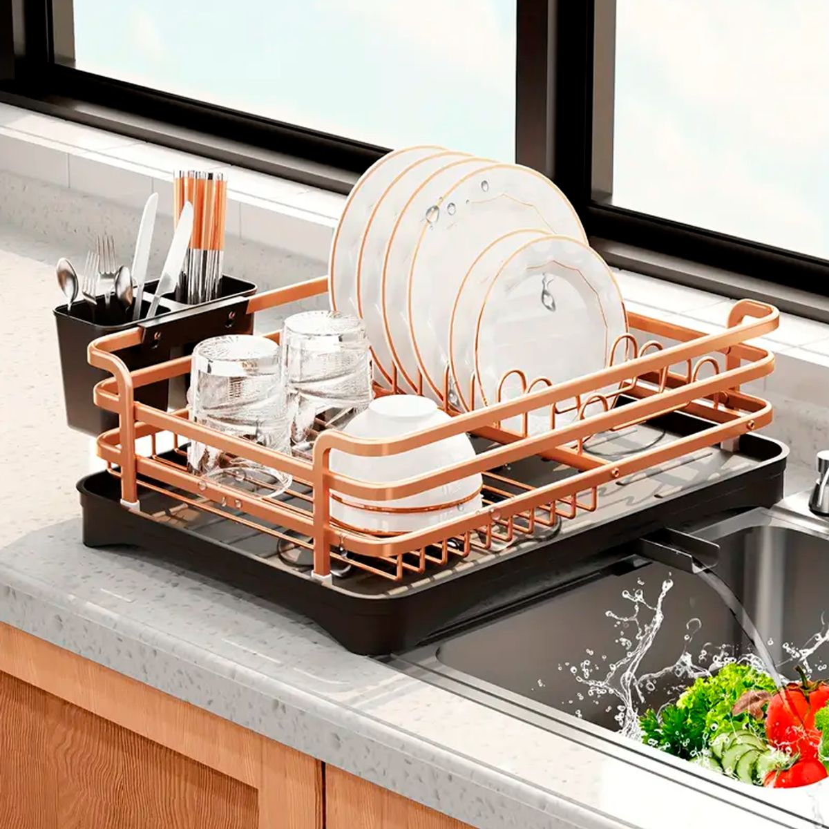 HYGGE - Escurridor de Platos de Aluminio Oro Rosa con Bandeja Extraible