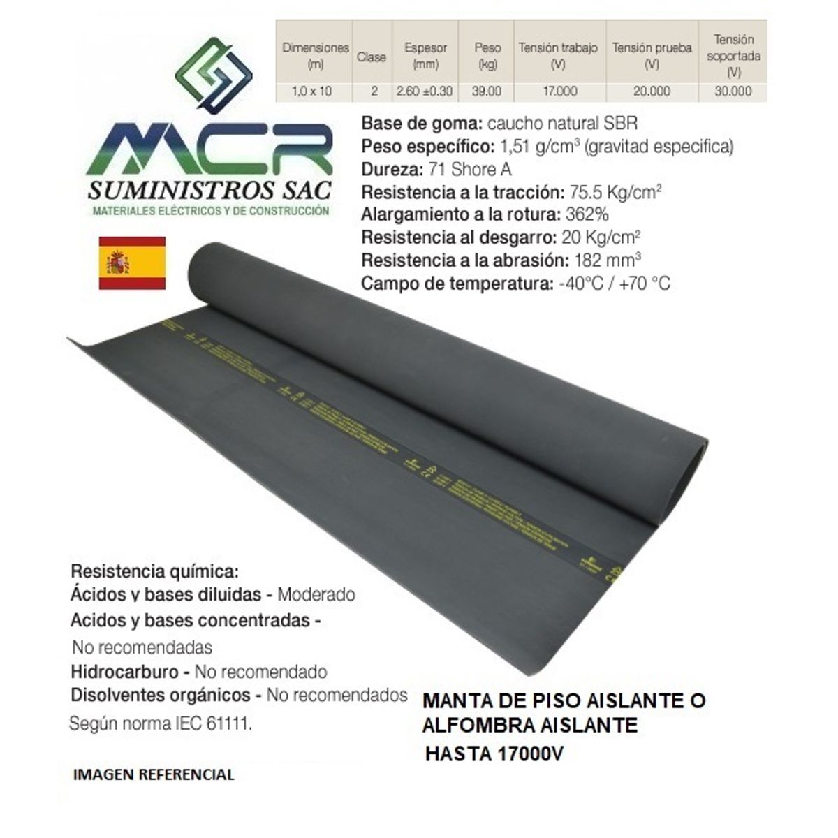 GENERICO - alfombra dieléctrica de piso de 1x10mts hasta 17000V CLASE 2 EUROPEO