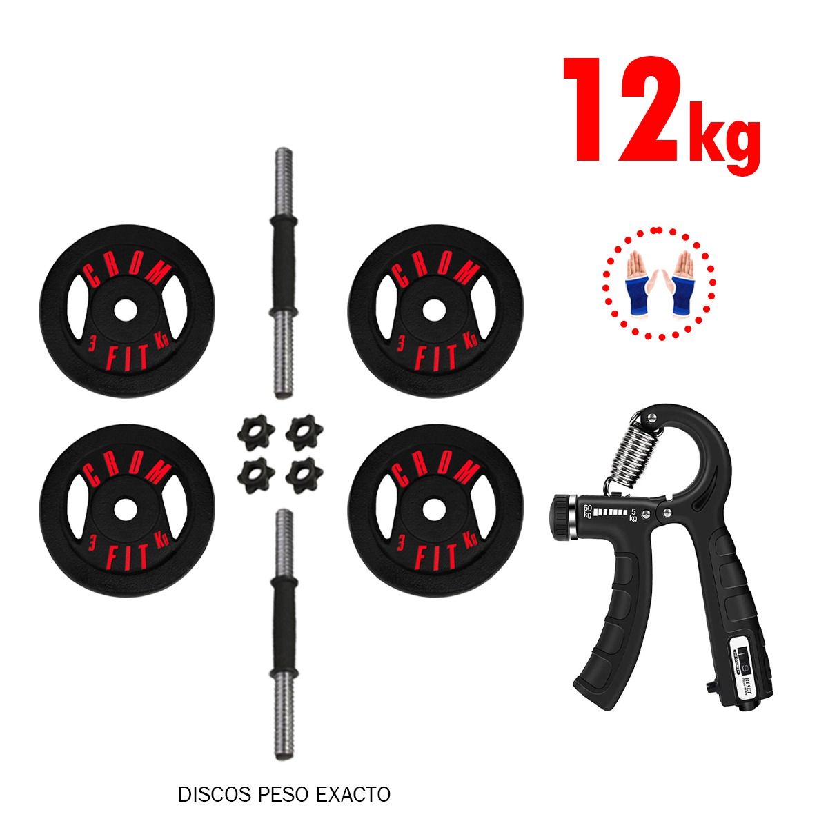 HOLGU - Pesas de 12 kg + Hand Grip regulable + Manubrios + Guantes