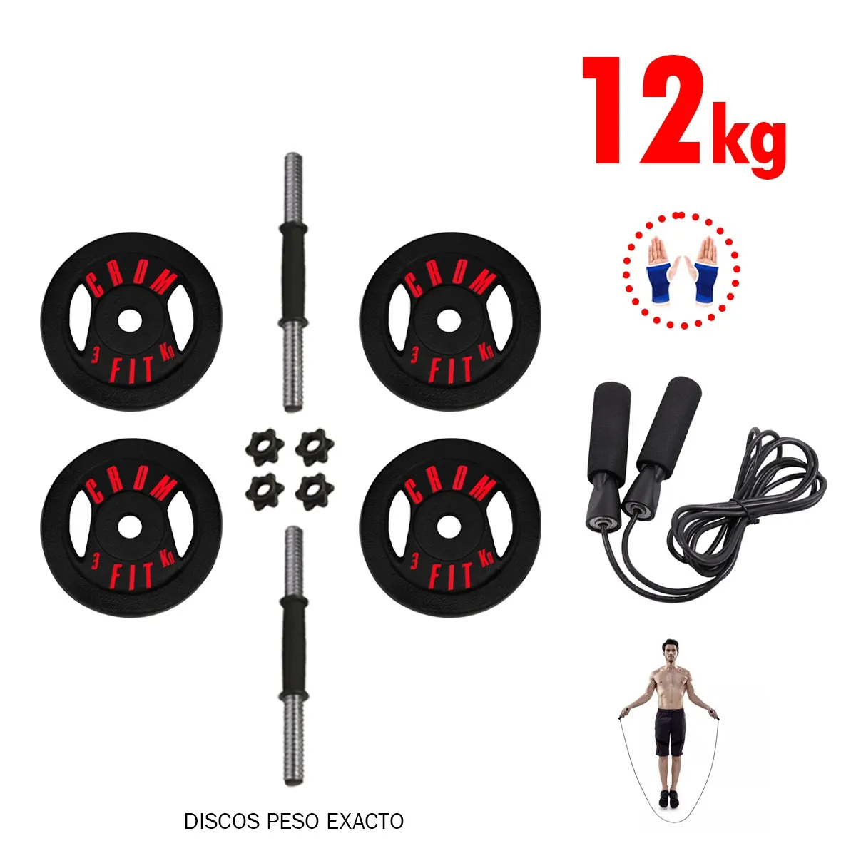 HOLGU - Kit pesas de 12 kg + Soga Para saltar + Manubrios + Guantes