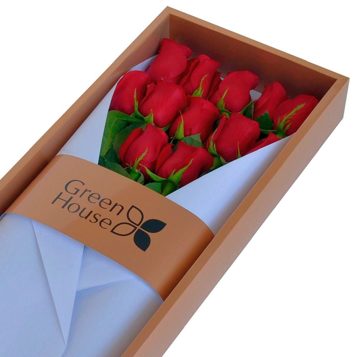 GREEN HOUSE FLORERIA - Caja Glam Gold 12 Rosas Naturales