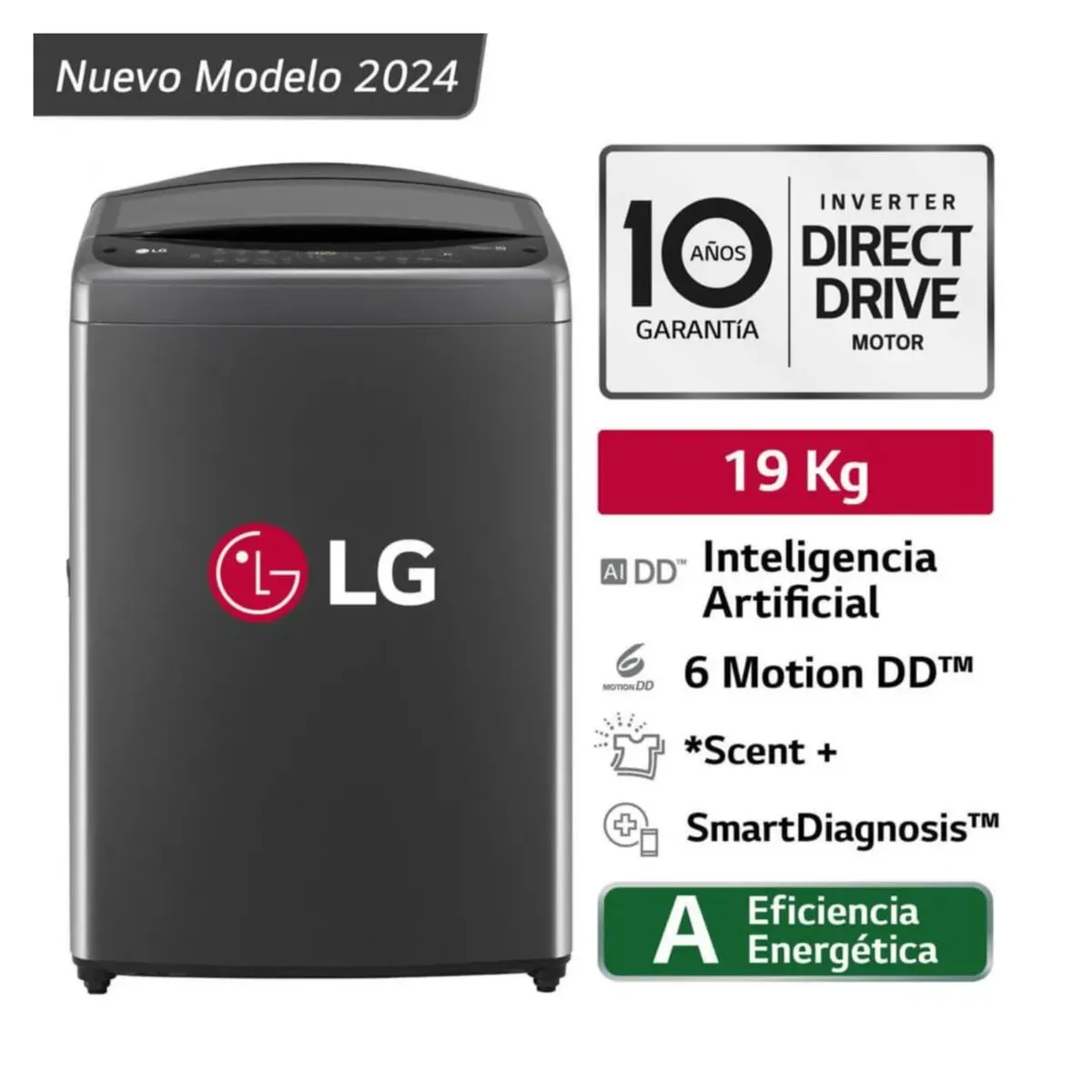 LG - Lavadora LG Carga Superior 19 Kg WT19BV6T Negro Claro