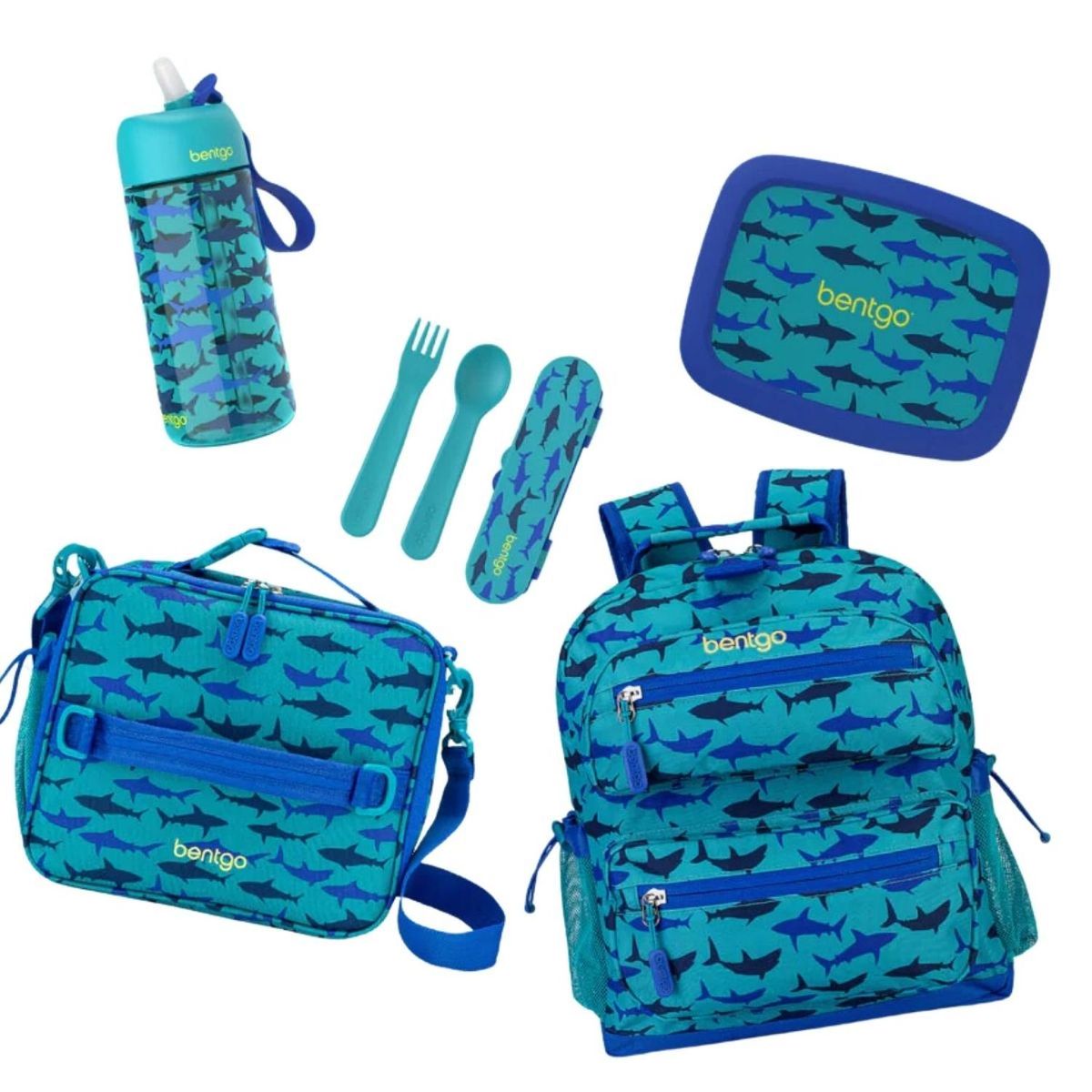 BENTGO - Set Bentgo Mochila Escolar, Lonchera, Porta Lonchera, Cubiertos y Tomatodo - Tiburon