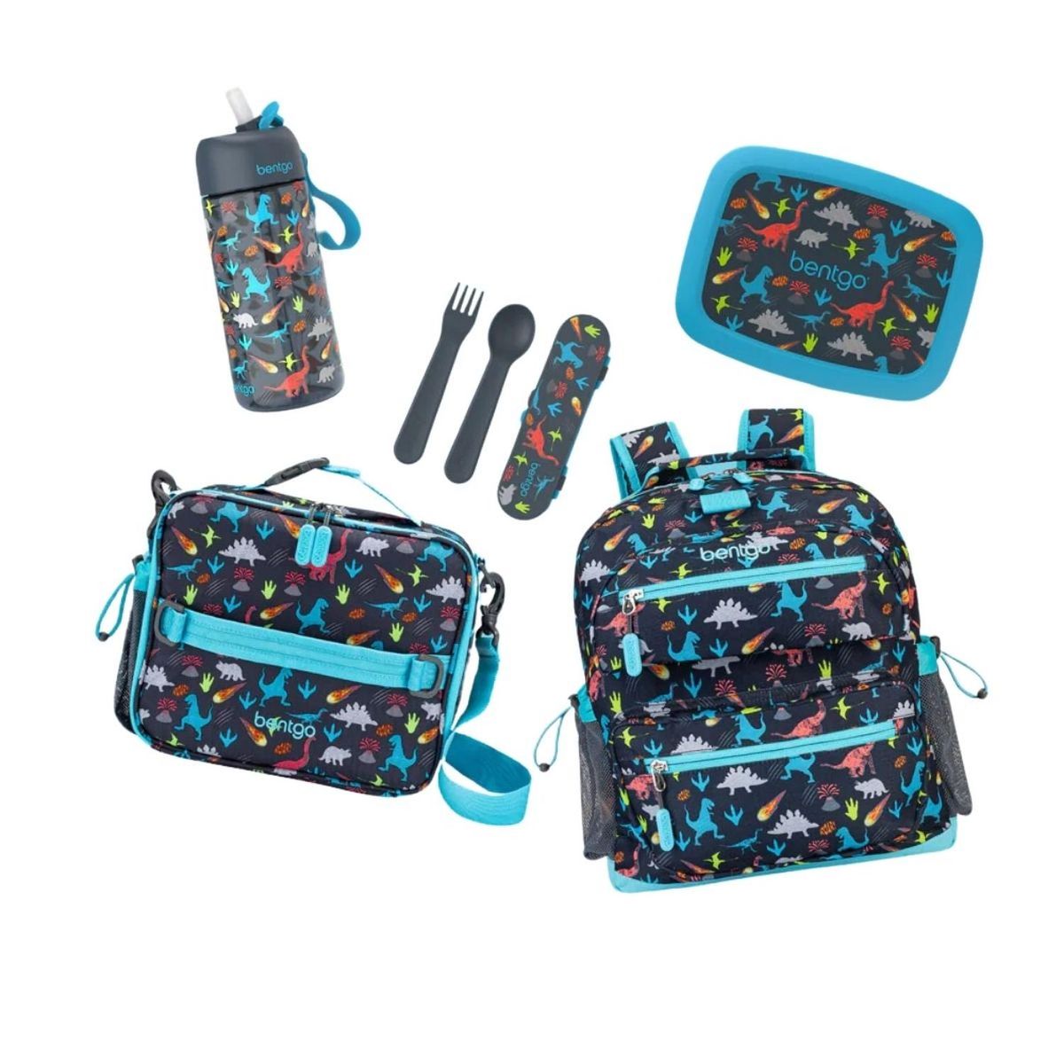 BENTGO - Set Bentgo Mochila Escolar, Lonchera, Porta Lonchera, Cubiertos y Tomatodo - Dinosaurio