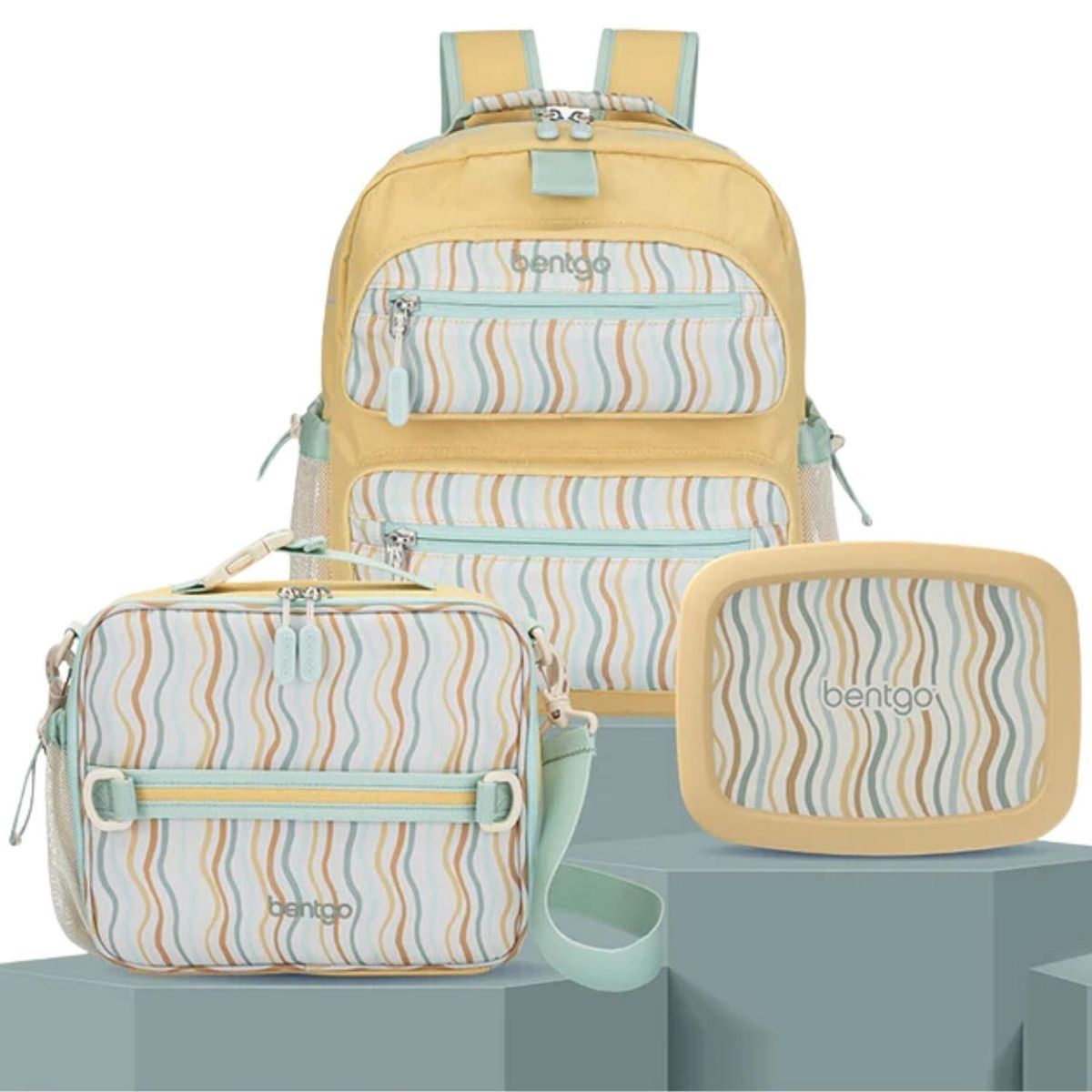 BENTGO - Set Bentgo Mochila Escolar, Lonchera y Porta Lonchera Whimsy & Wonder - Wavy