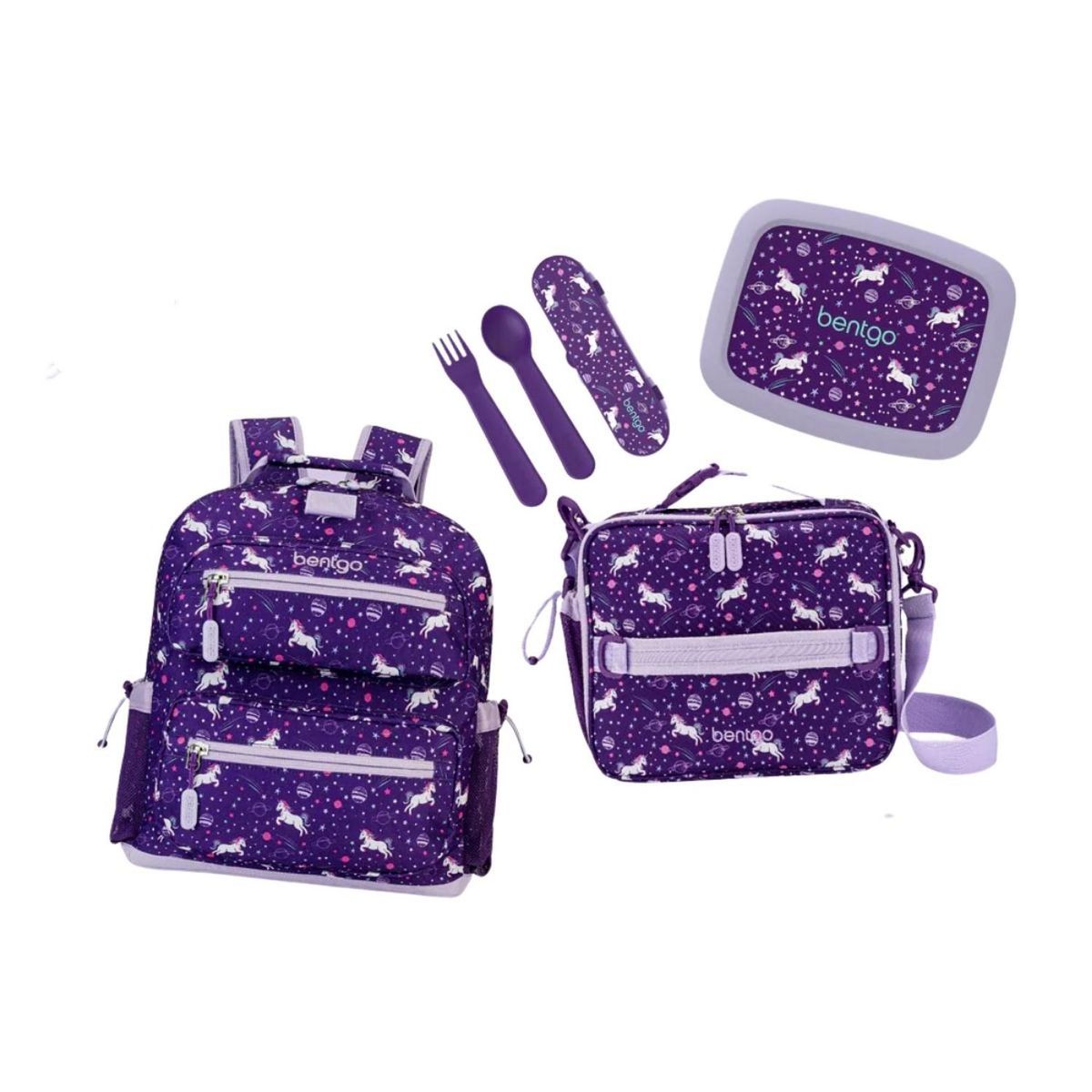 BENTGO - Set Bentgo Mochila Escolar, Lonchera, Porta Lonchera y Cubiertos - Unicornio