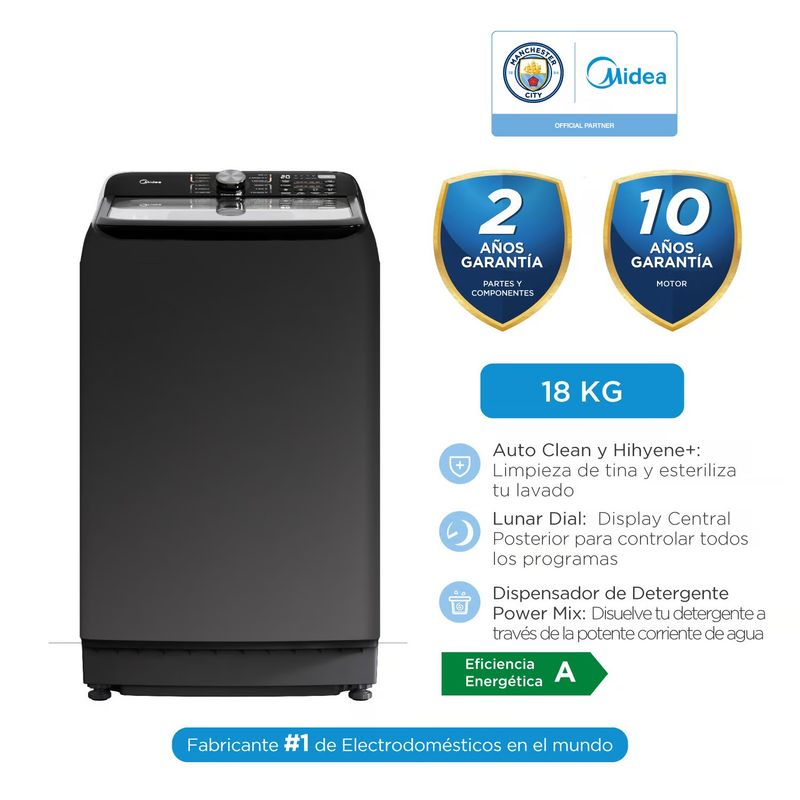 MIDEA - Lavadora Automática Panel Posterior 18kg Titanium Ma512w180t-pe