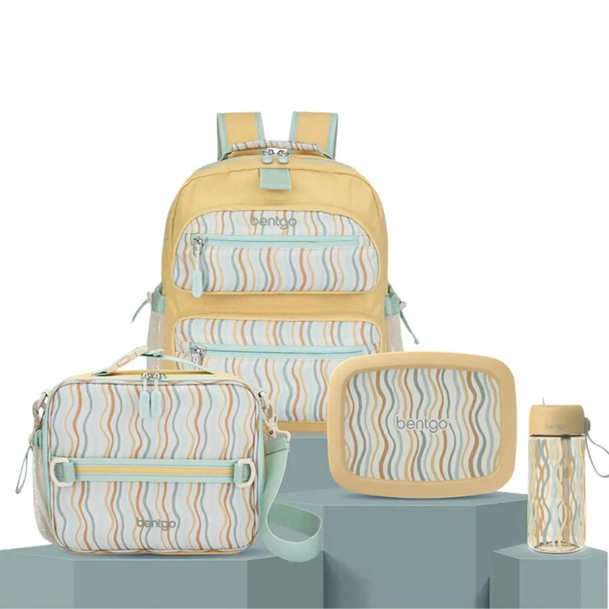 BENTGO - Set Bentgo Mochila Escolar, Lonchera, Porta Lonchera y Tomatodo Whimsy & Wonder - Wavy