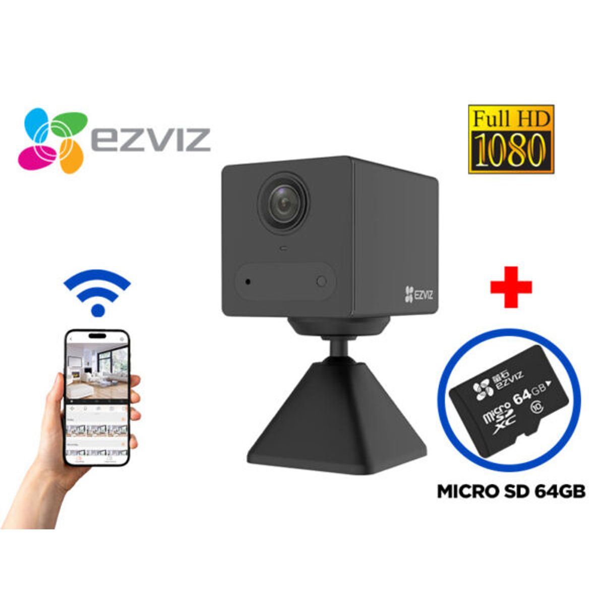 EZVIZ - KIT CAMARA INTELIGENTE INTERIOR CB2 EZVIZ CON BATERIA + MEMORIA 64 GB