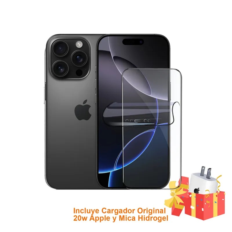 APPLE - Apple iPhone 16 Pro Max 256GB Esim Black Titanium con Mica Hidrogel y Cargador 20w Original