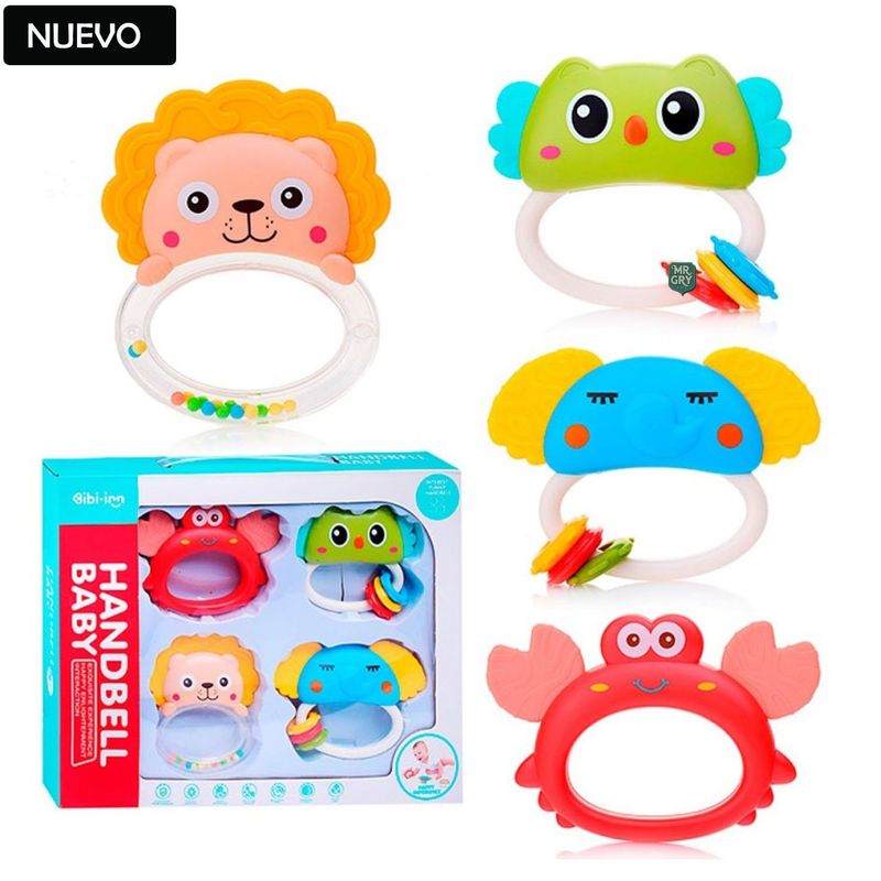 GENERICO - Set Sonaja con Mordedor Para Bebés Animalitos 4 Piezas