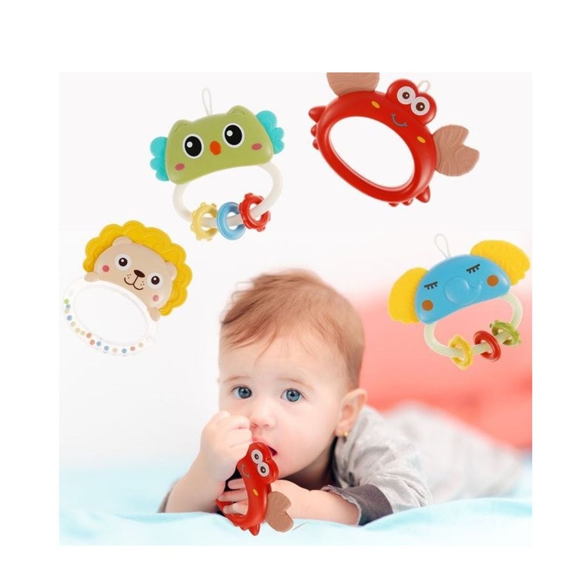 GENERICO - Set Sonaja con Mordedor Para Bebés Animalitos 4 Piezas