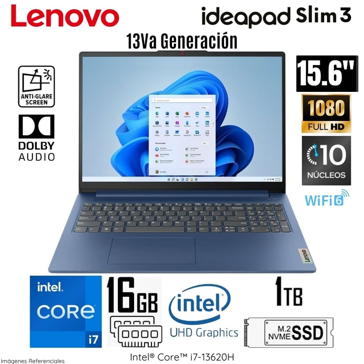 LENOVO - Laptop Lenovo IdeaPad Slim 3 15IRH8 Intel Core i7-13620H 16GB DDR5 RAM 1TB SSD 15.6" FHD 83EM00ADLM