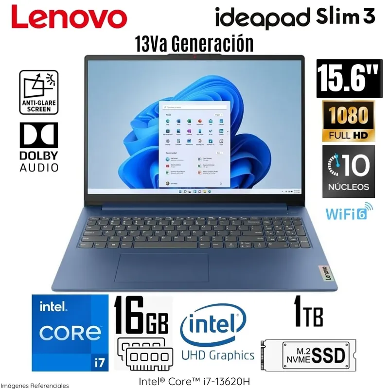 LENOVO - Laptop Lenovo IdeaPad Slim 3 15IRH8 Intel Core i7-13620H 16GB DDR5 RAM 1TB SSD 15.6" FHD 83EM00ADLM