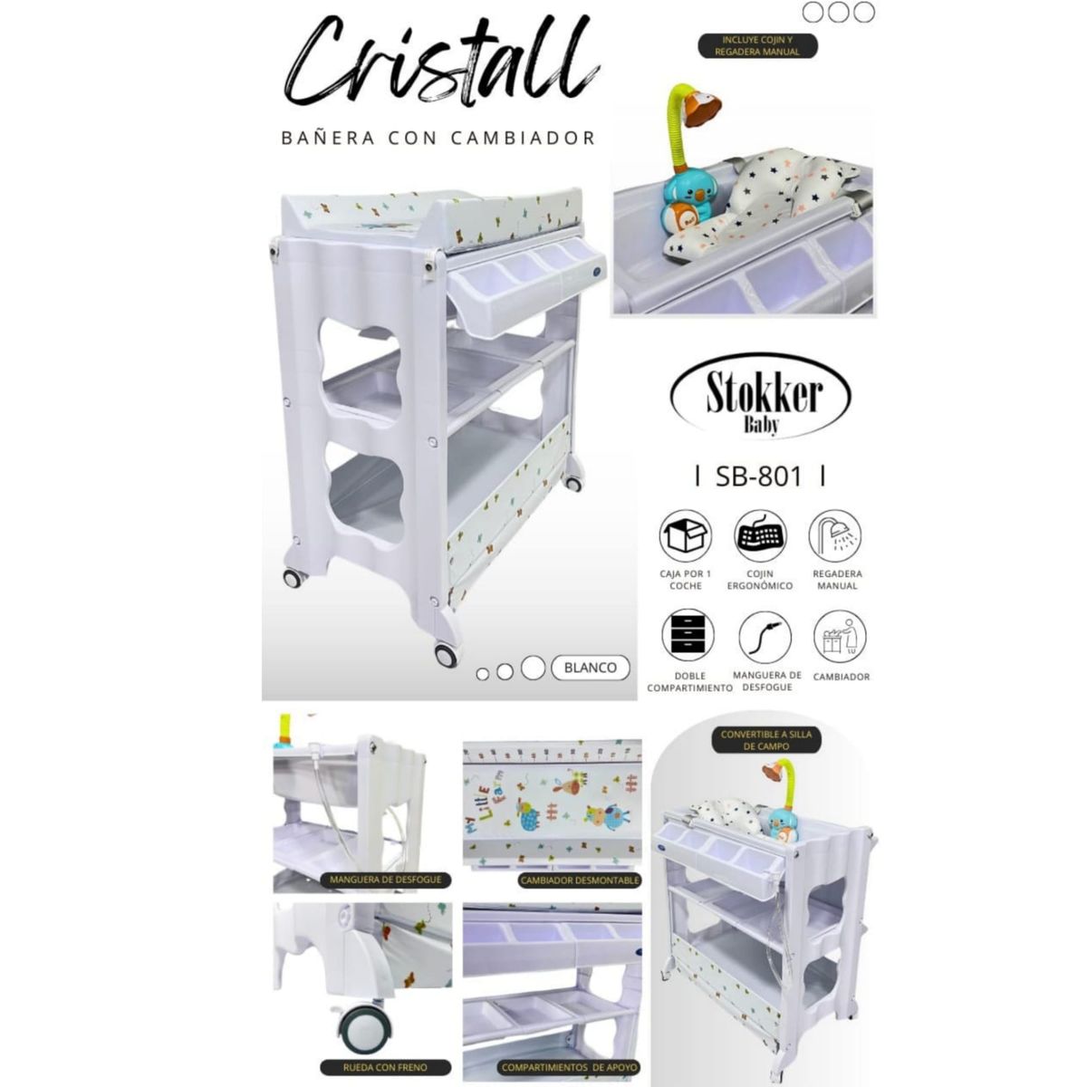 STOKKER BABY - Bañera cambiador con regadera y cojín CRISTAL BLANCO