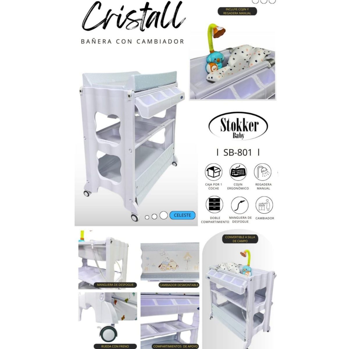 STOKKER BABY - Bañera cambiador con regadera y cojín CRISTAL CELESTE