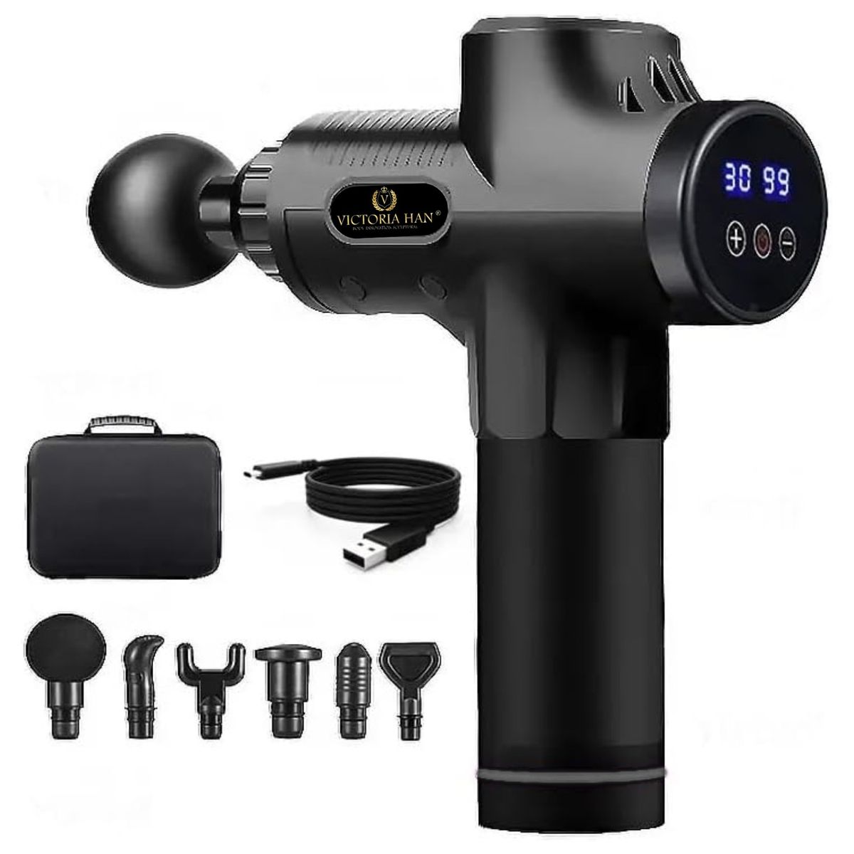 VICTORIA - Pistola de Masaje Muscular Profesional con 6 Cabezales, 30 Velocidades